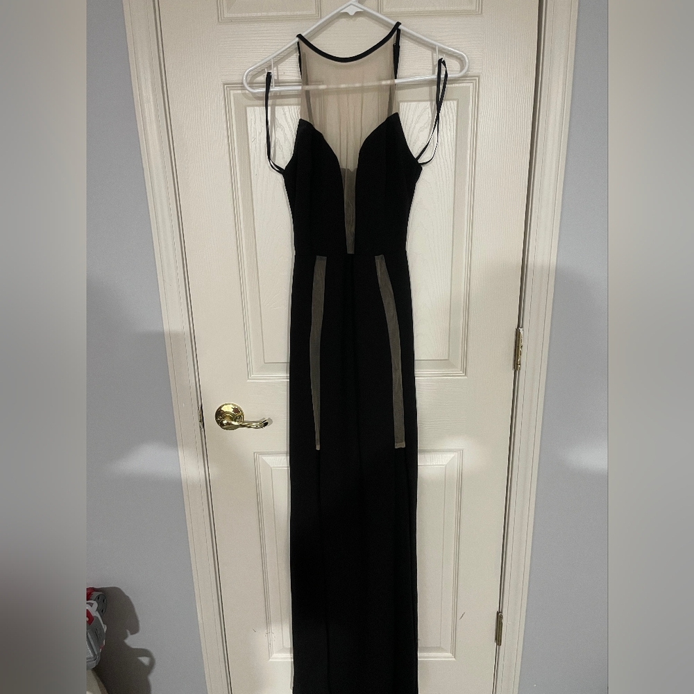 Bebe Womens Black‎ Nude High Neck Mesh Deep V Plunge Sleeveless Maxi Dress SZ XS